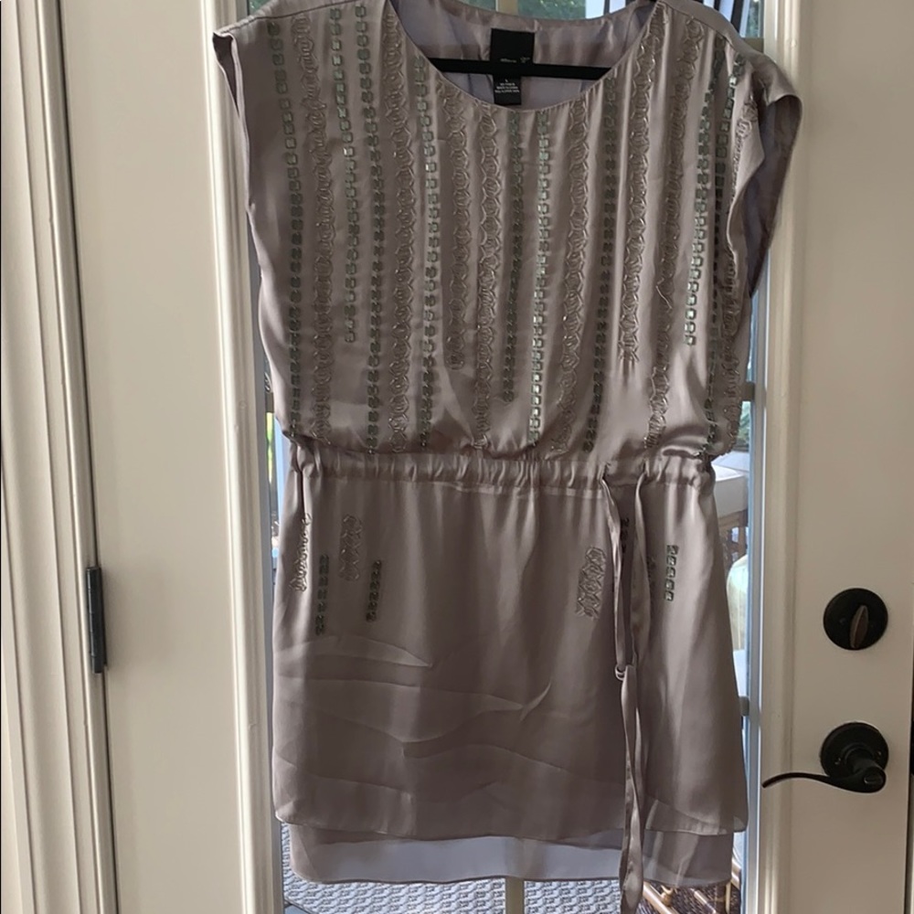 Beaded Silver Mini dress with tie waist
